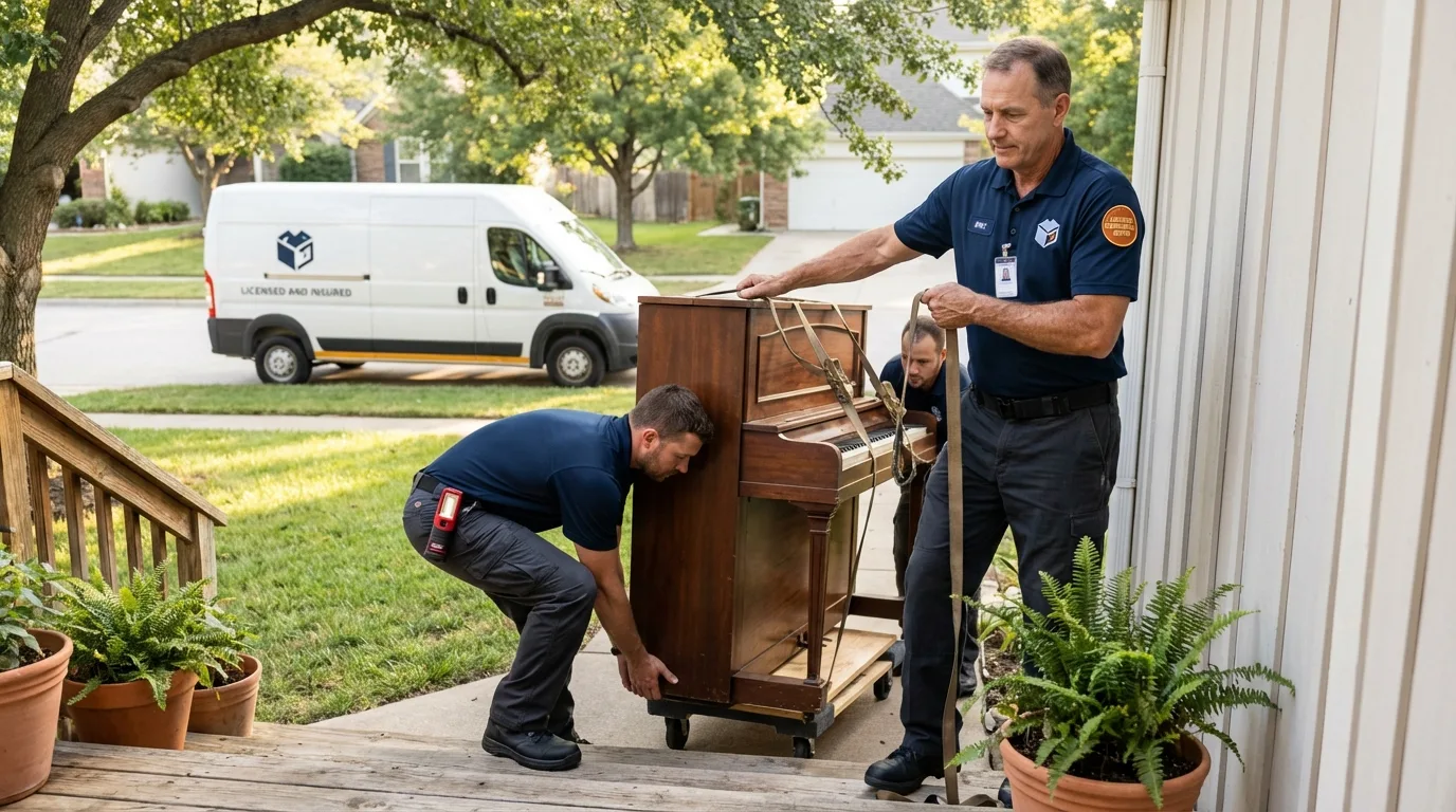 Licensed piano movers securing grand piano in Metlakatla, AK