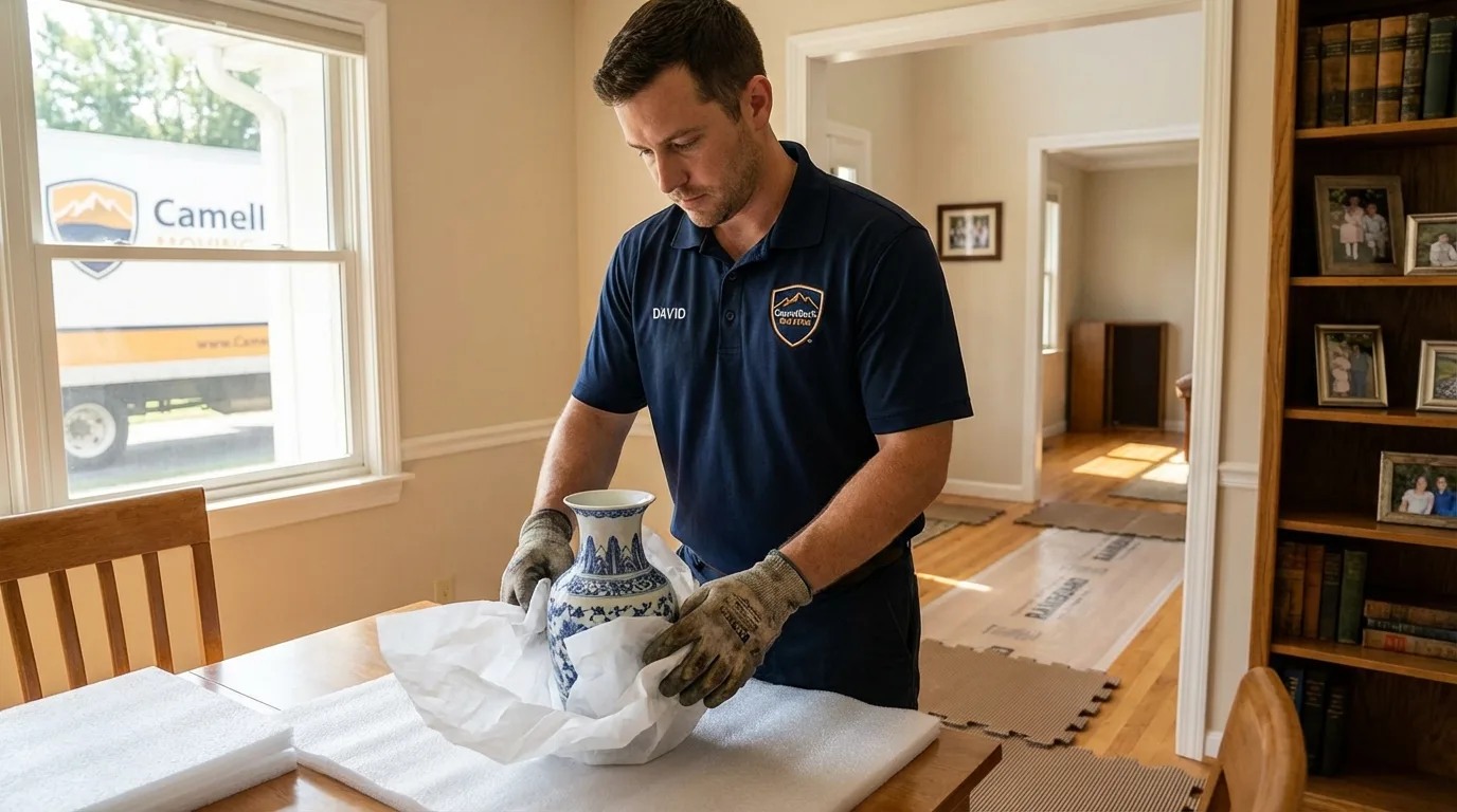 Professional crew carefully wrapping antique vase for senior downsizing move in Metlakatla, AK
